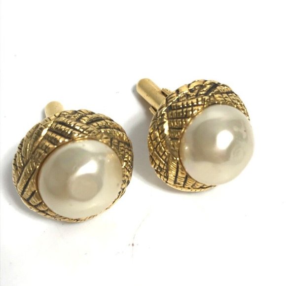Auth CHANEL vintage Faux pearl Accessories cuffs Metal Gold - Picture 1 of 5